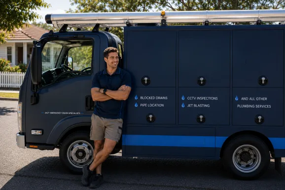 Service van and plumber at a Mascot callout