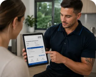 Plumber showing a Mascot customer the quote on a tablet